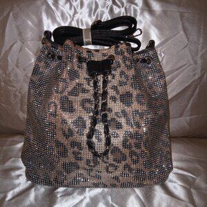 Dazzling Rhinestone Covered Leopard Cheetah Print Bucket Shoulder Bag Purse New